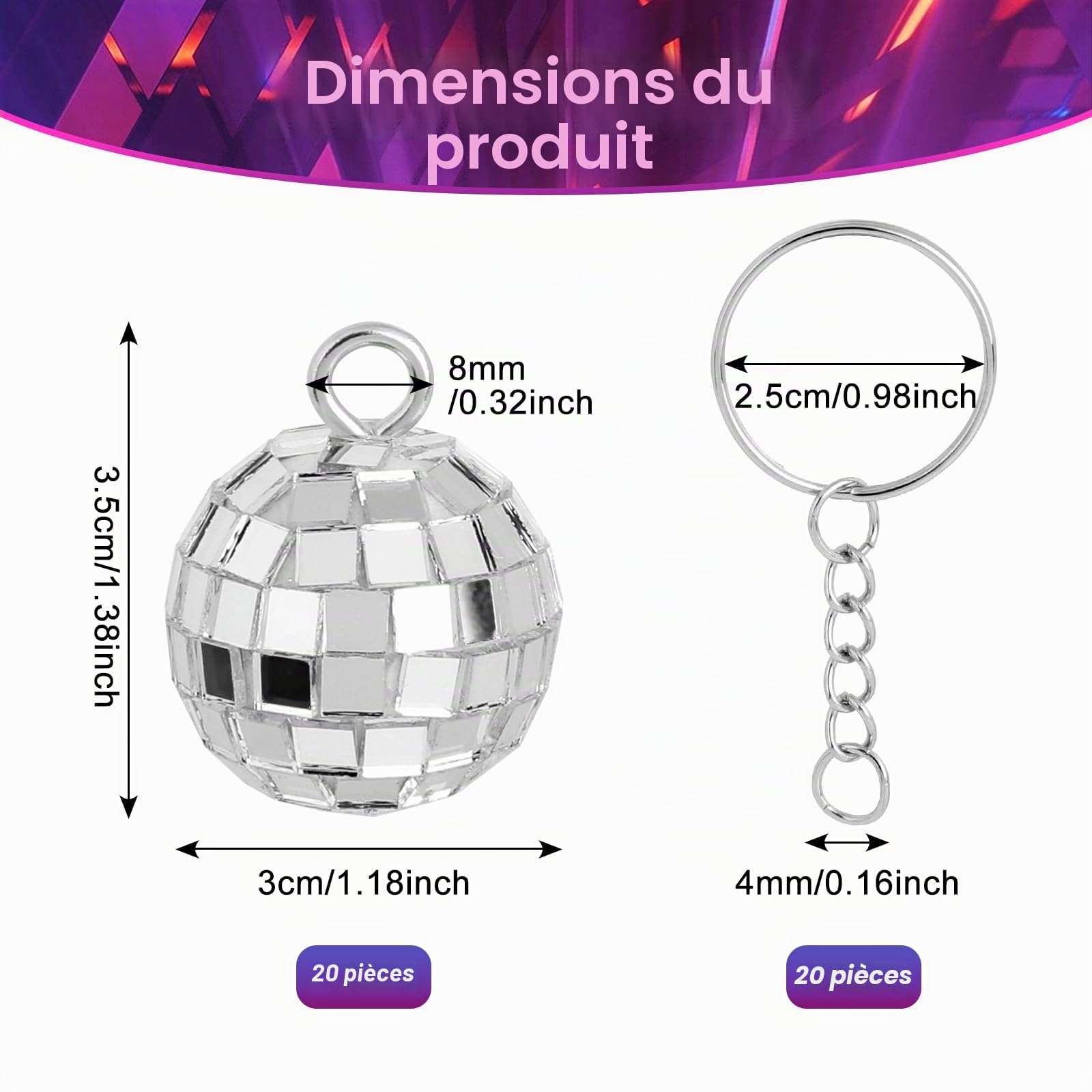 20 Pièces Mini Boule A Facette Anneau Porte Clé, 3cm Mini Boule Disco Anneau De Porte-Cles, Années 70 Argent Boule A Facette Chainette Porte Clé, Disco Ball Porte Clef pour Noël Party Deko