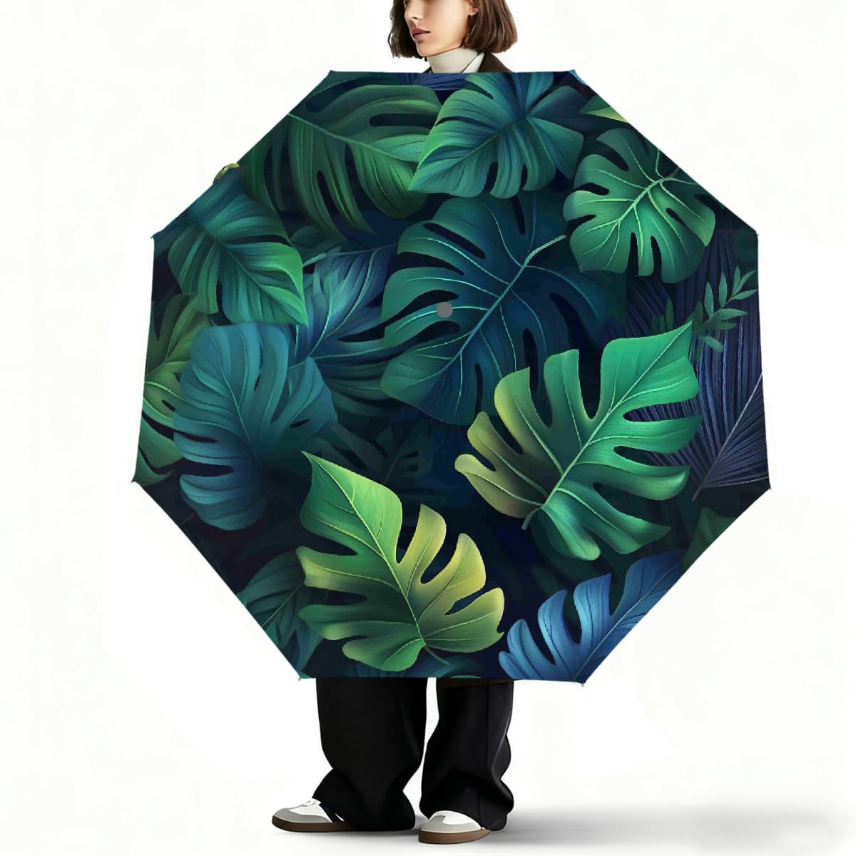Ombrello pieghevole estivo con foglie di palma tropicale, ombrello da viaggio, compatto, antivento, impermeabile, con protezione UV, rivestimento nero, leggero, 8 costine, portatile, per