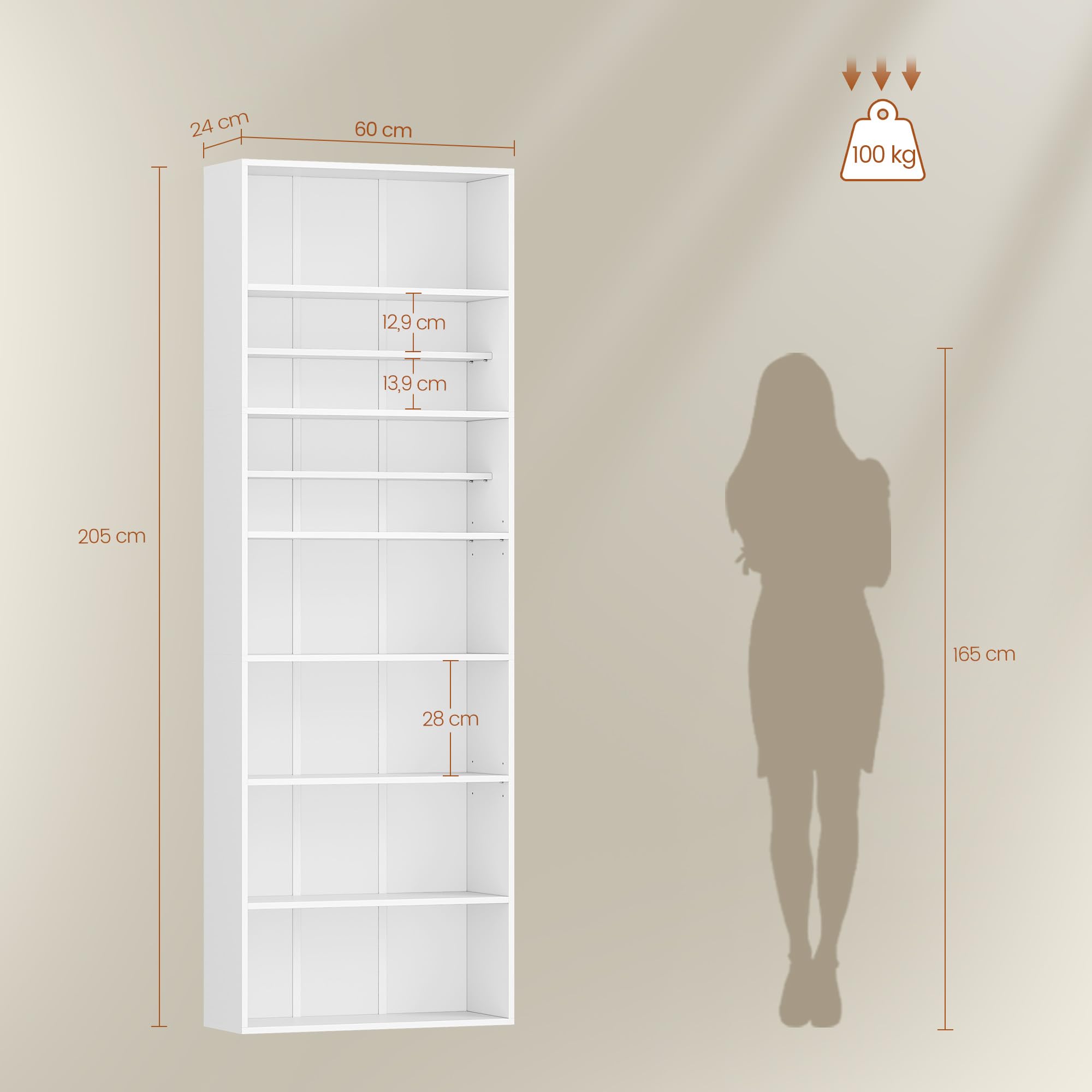 HEXCELEN Bibliothèque, Étagère de Rangement, Étagère à 7 Niveaux, Meuble de Rangement, pour Salon, Bureau, Chambre, Blanc, 24 x 60 x 205 cm