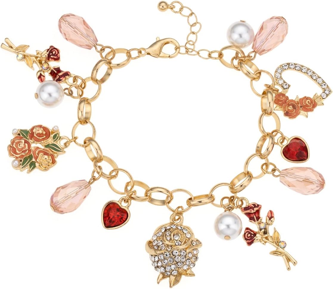 Madison Tyler Valentines Day Charms Gold Plated Rose Bracelet for Women | Pave Rhinestone Heart | Red Rose Imitation Pearl Charms Jewelry for Her | Couples Gifts Valentine's Day