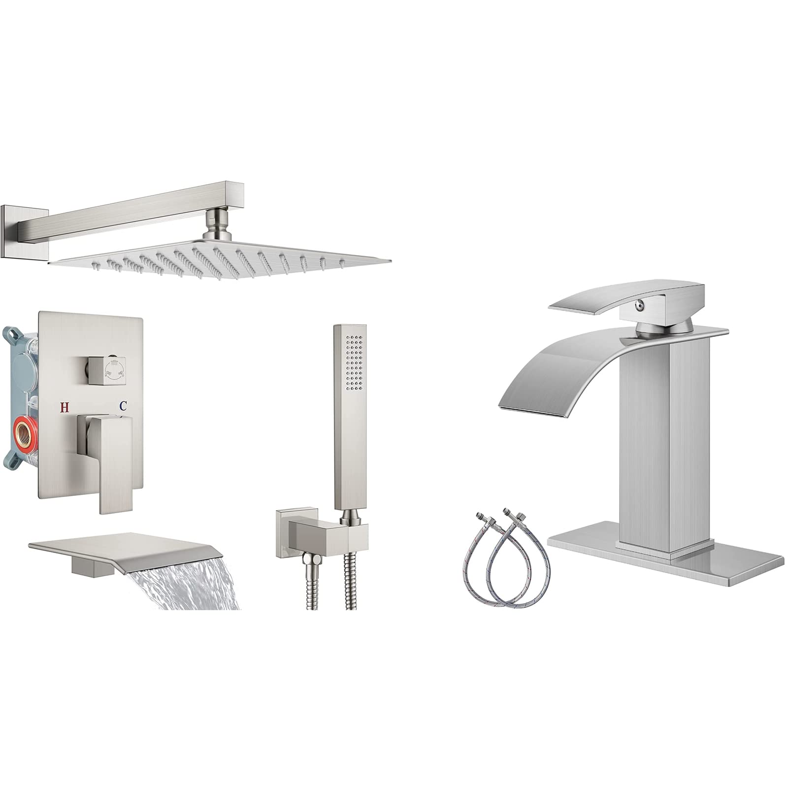 Hcfyauis 10 Inch Square Rainfall Shower System Brushed Nickel Tub Shower Faucet Set Matching With Brushed Nickel Waterfall Faucet Single Handle