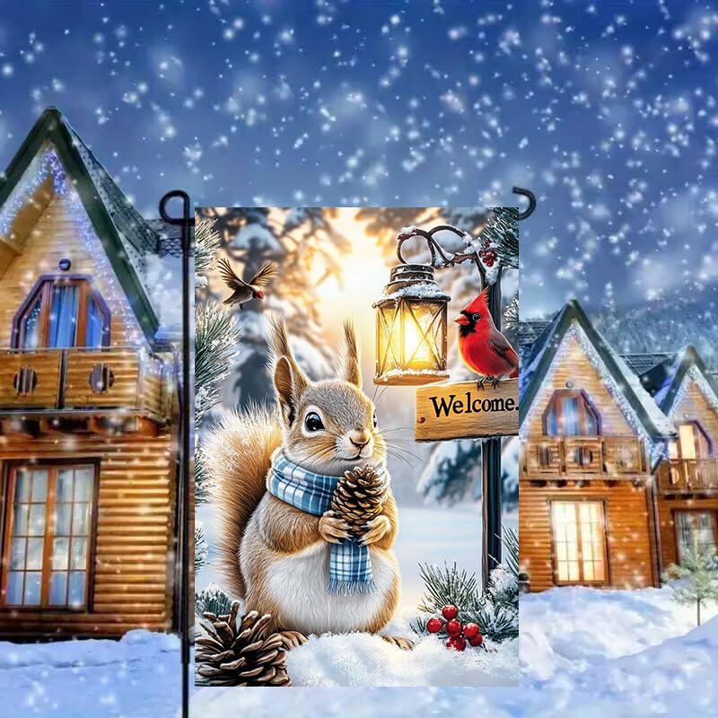 Winter Garden Flags for Outside 12x18 Inch Double Sided, Small Burlap Seasonal Holiday Snow Squirrel Garden Flag Winter Xmas Decorations Christmas Outdoor Flag for Yard Garden Porch Decor - Image 2