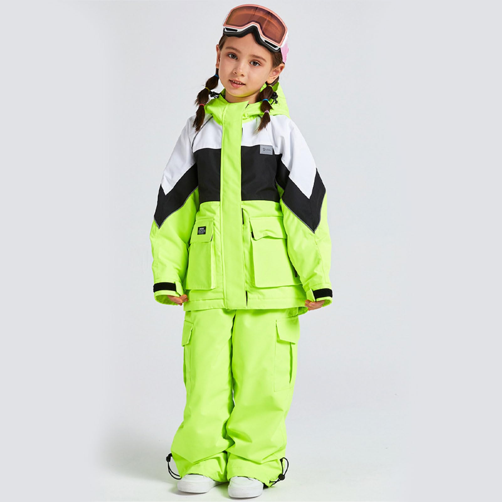 Traje de nieve infantil de 2 piezas, chaqueta de esquí + pantalones de esquí, impermeable, cortavientos, transpirable, con capucha, para niños y niñas, traje de esquí de invierno, verde neón