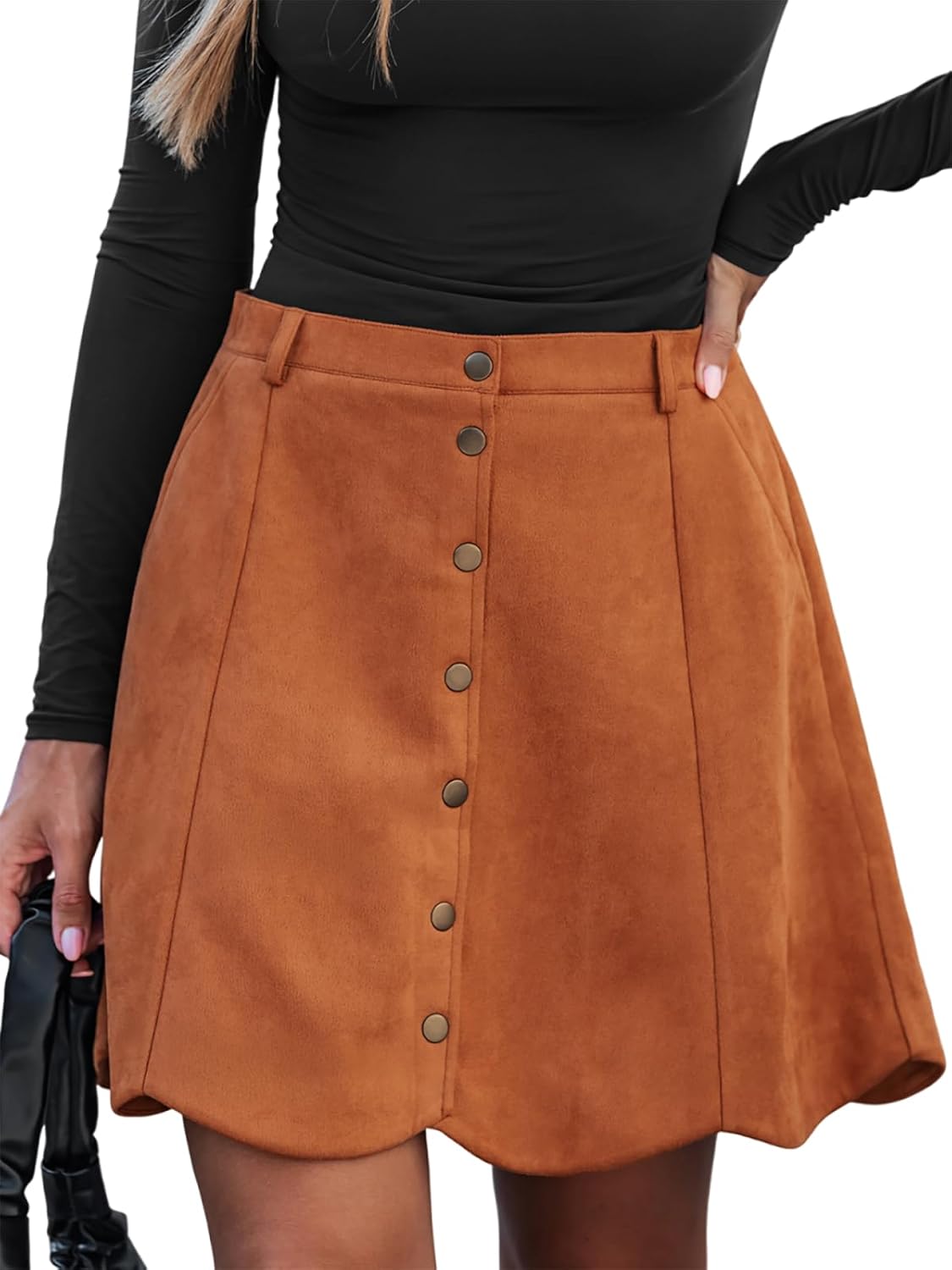 CUPSHE Women Skirt Buttons Pocket Mini Skirts High Waist Petal Hem A-line Casual Fall Winter Vacation