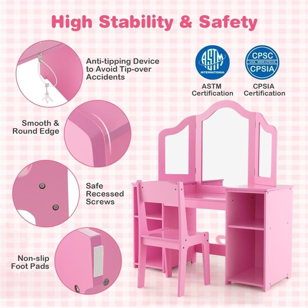 Pemberly Row Princess Makeup Vanity and Desk Set, Pink Finish, Includes Tri-Fold Mirror and Ergonomic Chair, Storage Compartments, Safe Design for Kids Ages 3 and Up