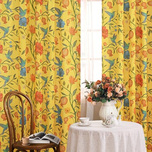 Image of JOOJA Mustard Yellow Floral Linen Curtains, Boho Whimsical Bird Print Curtains for Bedroom Window Colorful Patterned Sheer Curtains for Living Room Kitchen 2 Panels 96 Inches Long