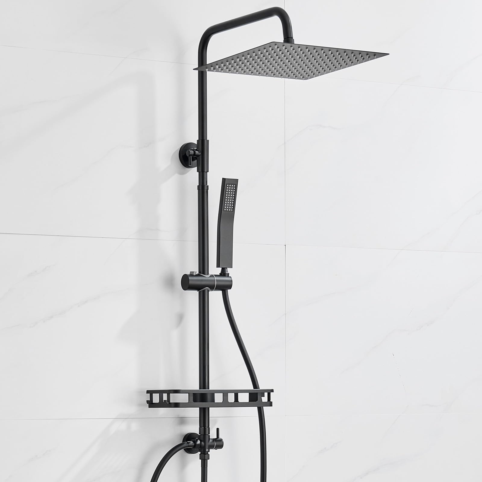 Auralum Adjustable Shower Riser Rail Kit with 12" Square Rainfall Shower Head (304 Stainless Steel), Handheld Shower, No-Drill Shelf & Solid Brass Diverter, Black Shower Set (Without Mixer)