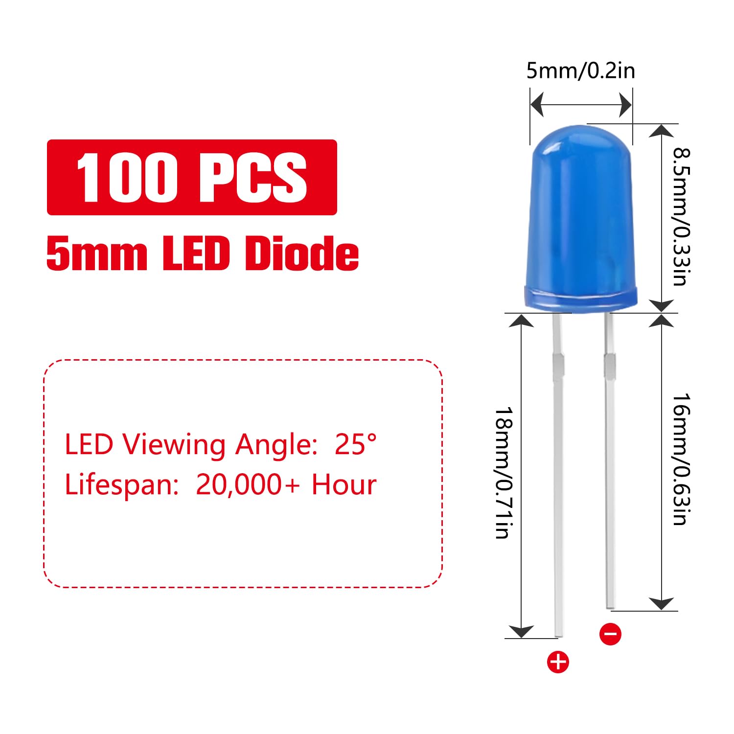 YIXISI 100 Pezzi 5mm LED Diodo Emettitore di Luce Blu, Testa Rotonda 2 Pin