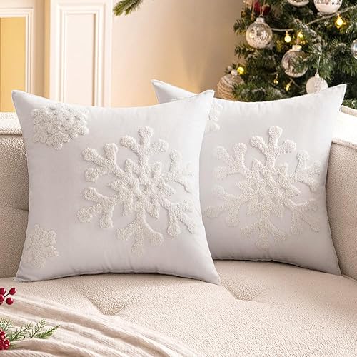 Woaboy Paquete de 2 fundas de almohada decorativas color burdeos con bordado de copo de nieve para sofá, fundas de cojín de lona para decoración del