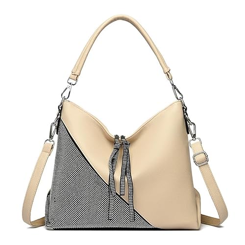 Borsa Bauletto Hobos Brose a mano con Tracolla da a spalla Donne Sacchetto Moda Borse Manici Lunghi Borsetta donna strass pelle sintetica beige