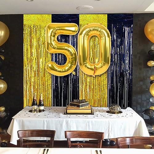 Image of BEISHIDA 4 Pcs Black and Gold Party Streamers Fringe Foil Curtain Backdrop Tinsel Background Party Decoration for Door Wall Graduation Birthday Wedding Anniversary Christmas Party Decoration