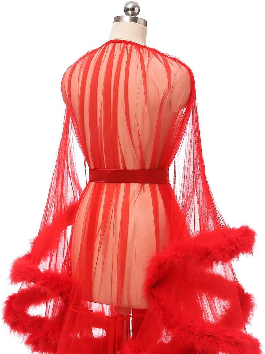 Tulle Feather Robe Sexy Sheer Mesh Fur Bridal Illusion Boudoir Bathrobe Nightgown Christmas Lingerie - Image 5