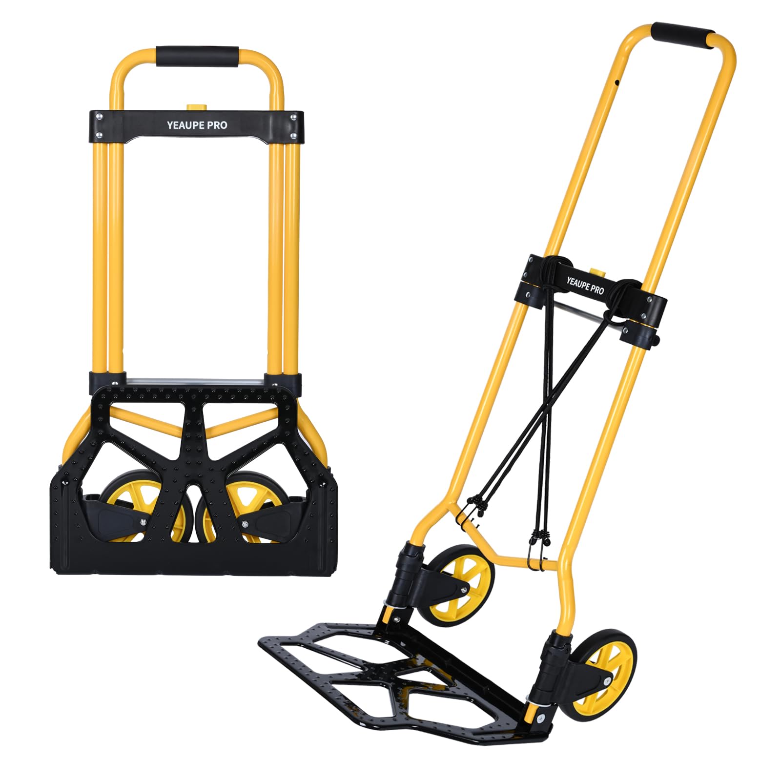 YEAUPE PRO Folding Sack Truck, 50kg Capacity & Height Adjustable, Sack Truck for Carts for Moving and Transporting with 2 Expandable Ropes & Foam Handle - Yellow - Single Wheel