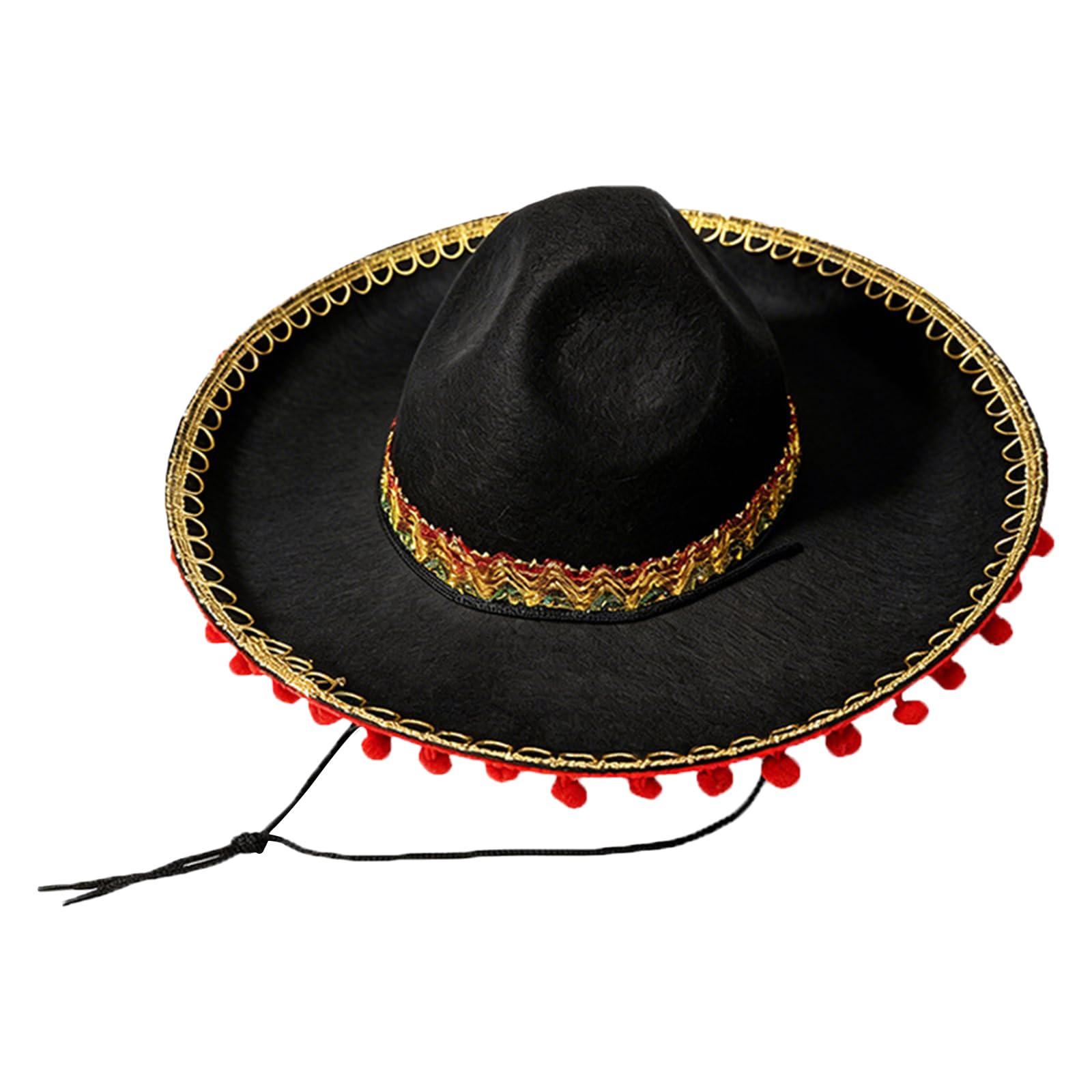 FEESHOW Adult Black Sombrero Hats Mariachi Style Costume Sombrero with Pompom Decor for Cinco De Mayo Black Red One Size