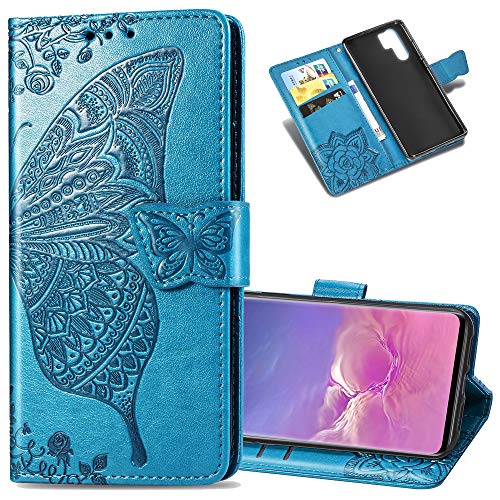 LEECOCO Huawei P30 Pro Case Premium PU Leather Flip Wallet Case Butterfly Embossed Full Body Protection Flip Stand Card Holder Magnetic Cover for Huawei P30 Pro Big Butterfly Blue SD