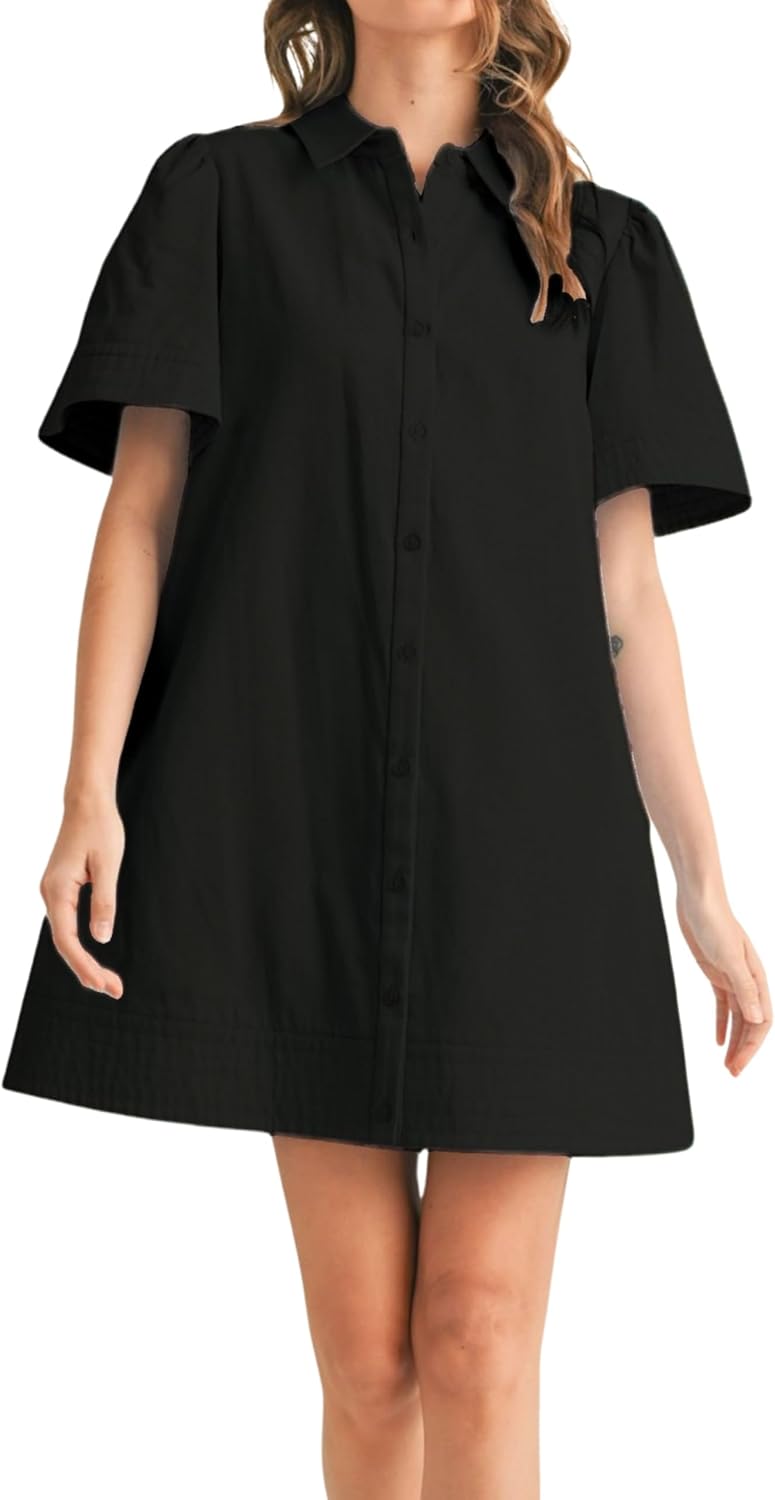 Womens Short Sleeve Button Down Mini Shirt Dress Lapel Collar Short Dresses with Pocket