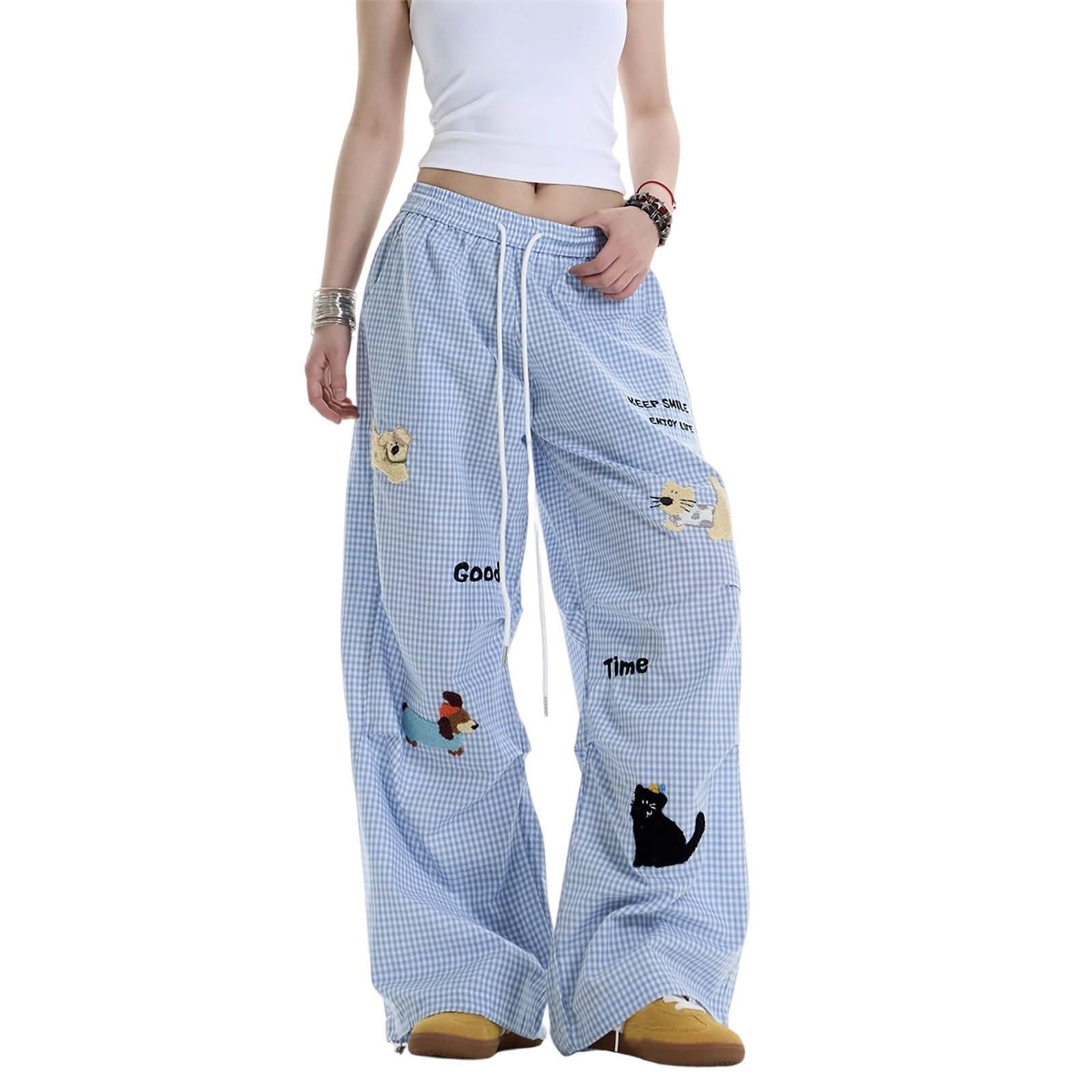 Damen-Freizeithose, lockere Passform, Karomuster, weites Bein, elastisch, hohe Taille, gerade Hose mit Taschen, volle Länge, Sommer, Freizeithose, süße Neuheit 2026, Palazzo-Hose für Damen