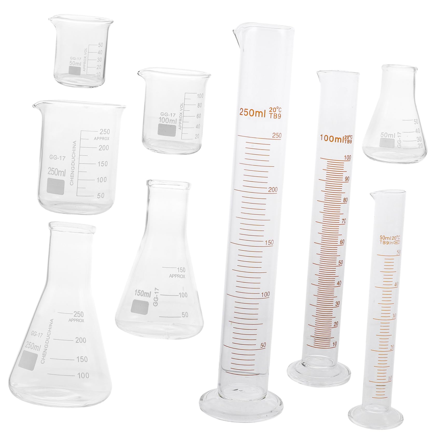 Set 9 Pezzi Vetreria da Laboratorio in Vetro Resistente Beuta Conica, Becher Graduato e Misurino Scala per Uso Scientifico e Didattico