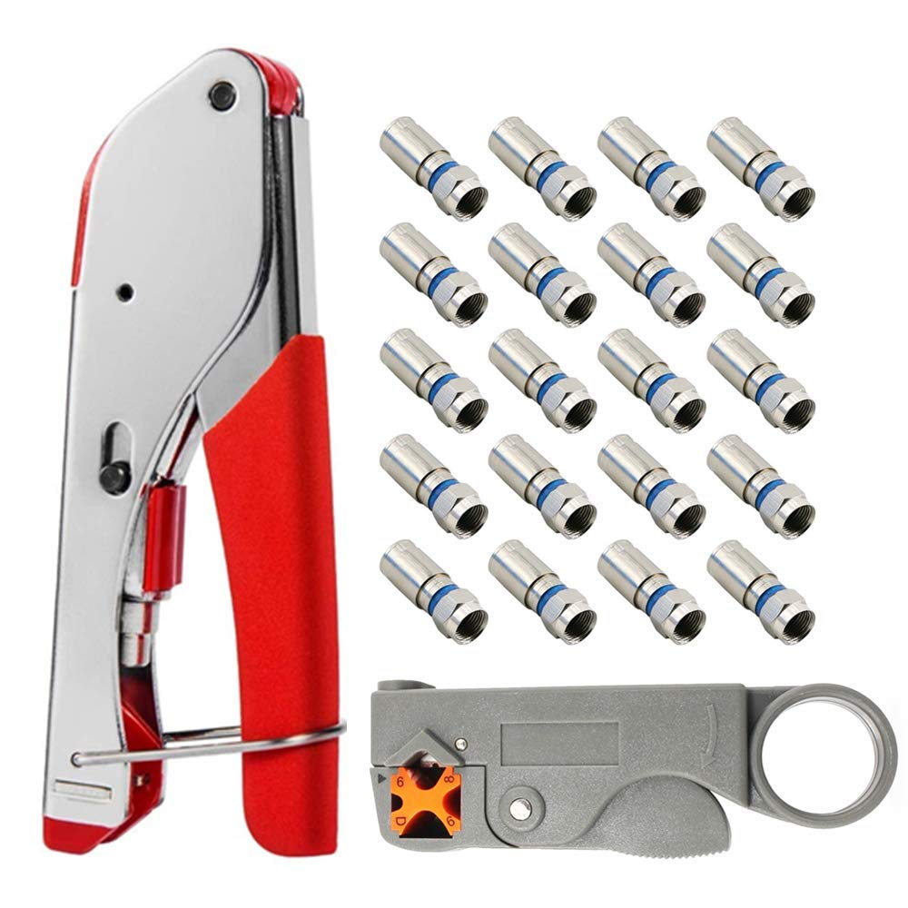 Coax Cable Crimper Cutter - TECHTOO Coaxial Cable Compression Fitting Tool Kit Wire Stripper for F RG6 RG59 with 20x Metal F Coax Compression Connectors (Tool Kit 1)