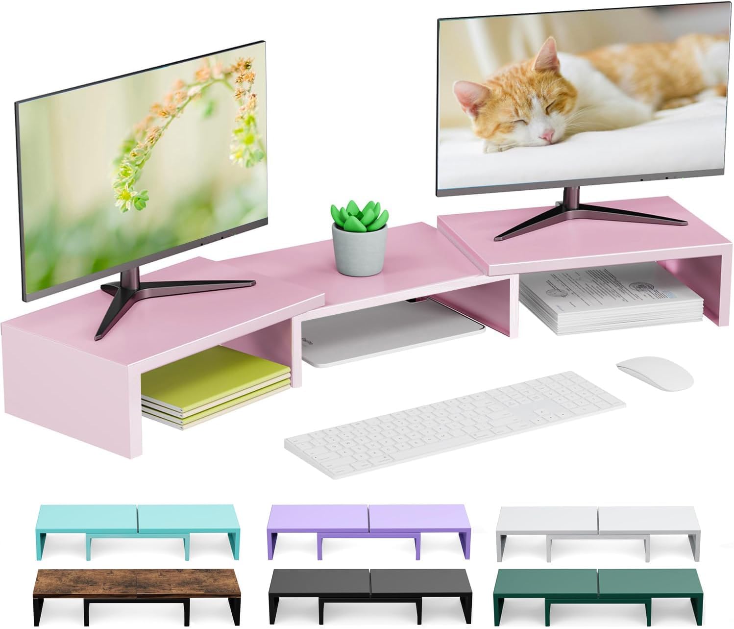 Dual Monitor Stand for Desk, Metal Computer Stand, Desk Shelf Riser,Desktop Organizer for Home and Office Use (Green)