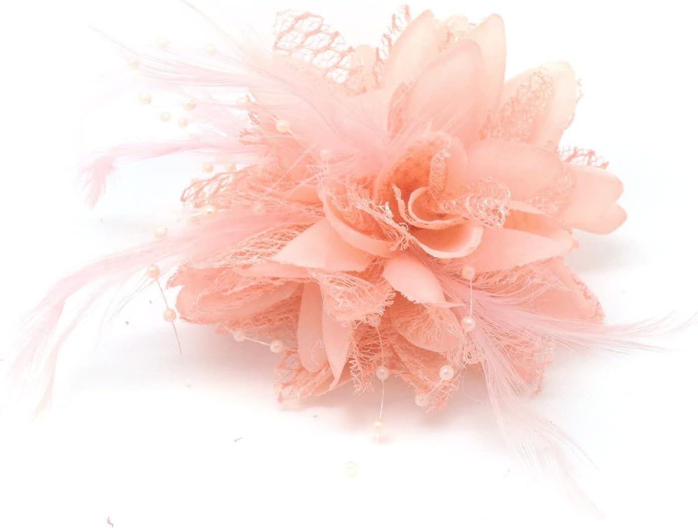 Flower Feather Bead Corsage Hair Clips Fascinator Hairband and Pin (Nude Peach)