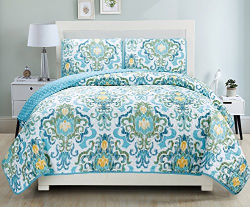 3-Piece Fine Printed Quilt Set Reversible Bedspread Coverlet King Size Bed Cover (Turquoise, Blue, White, Green, Yellow)