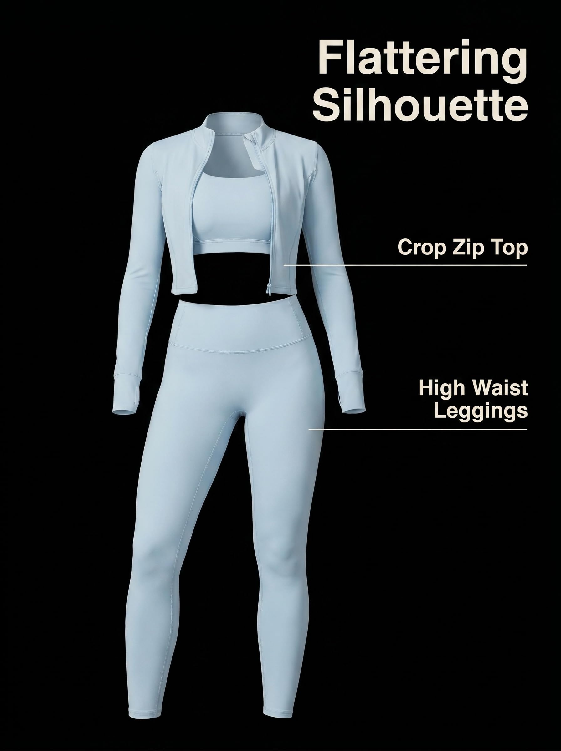 3-teiliges Damen-Workout-Set, Sport-BH, bauchfreies Top, Jacke mit Daumenlöchern, Bauchkontrolle, Leggings mit hoher Taille