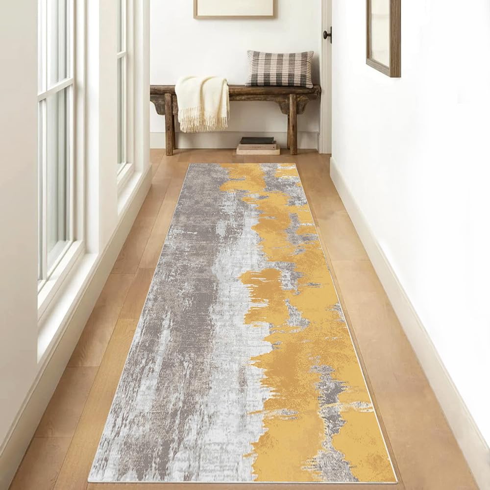 Tapis De Couloir Long Antidérapant 90x180cm Tapis De Cuisine Devant Évier Lavable Tapis De Passage Corridor Gris Jaune Moderne Abstrait Tapis De Sol Paillasson Pour Cuisine, Couloir, Passage, Entrée
