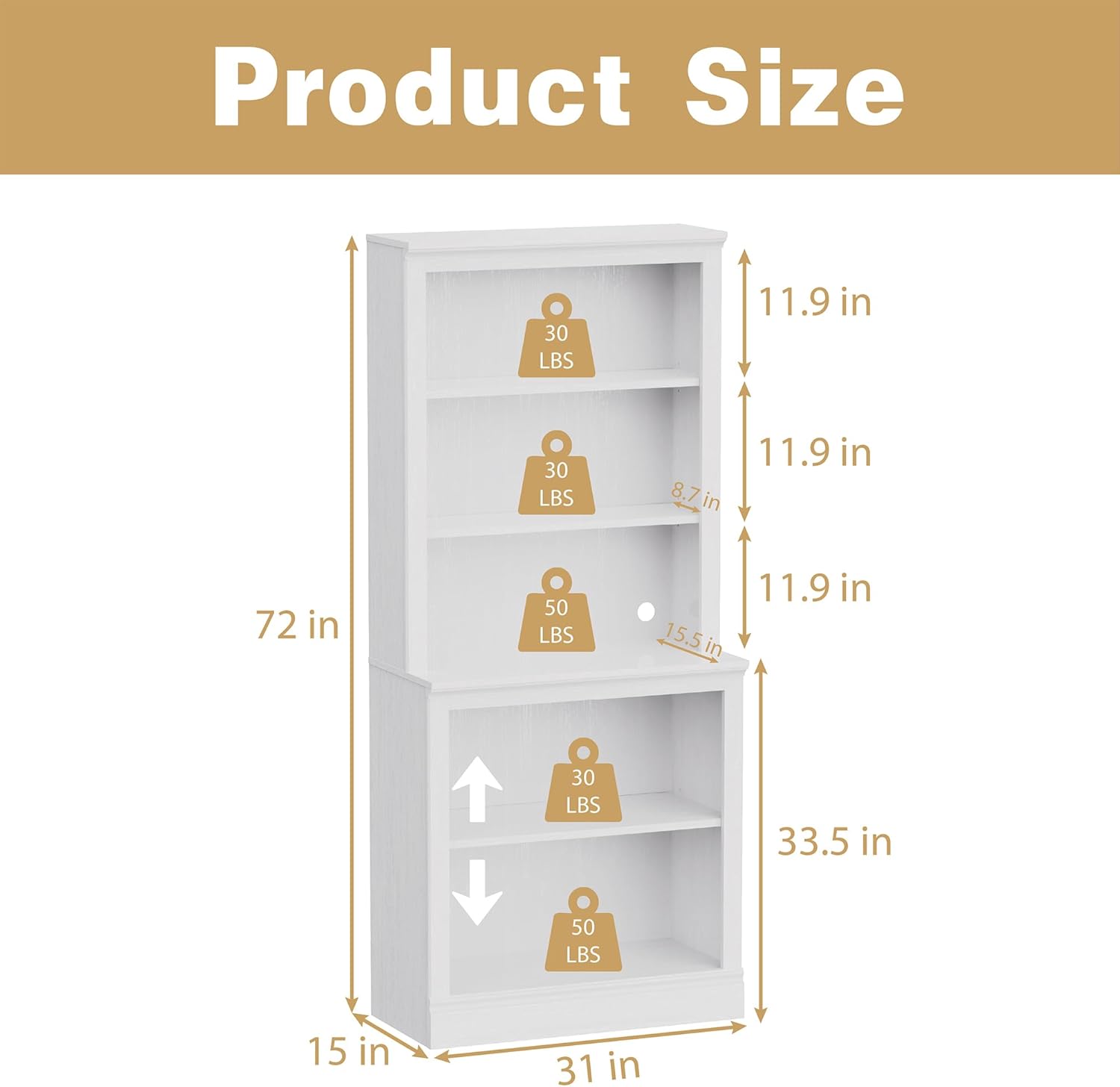 blini Multi-Depth White Bookcase 5 Shelf Solid Wood Bookshelf, 33in Bookcases with Open Shelf Storage，Tall Bookshelves for Library, Living Room, Kids Room, Bedroom, Small Spaces