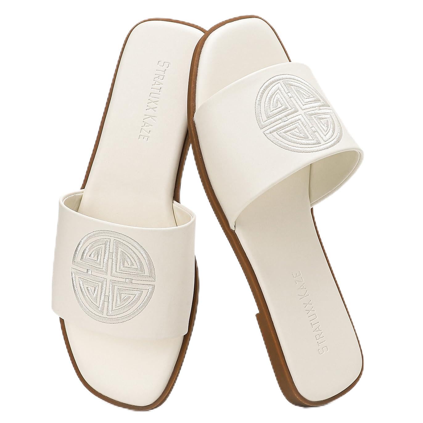 Stratuxx Kaze Sandalen Damen Sommer Bequem Pantoletten mit Niedrigem Absatz Leder Slides Elegante Flache Sandalen
