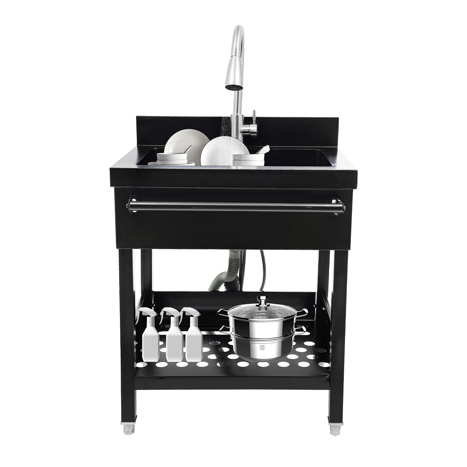 Lavabo freestanding catering cucina ristorante lavello multiuso monovaso con rubinetto, ripiani per garage, lavanderia, giardino, 66 x 52 x 86 cm
