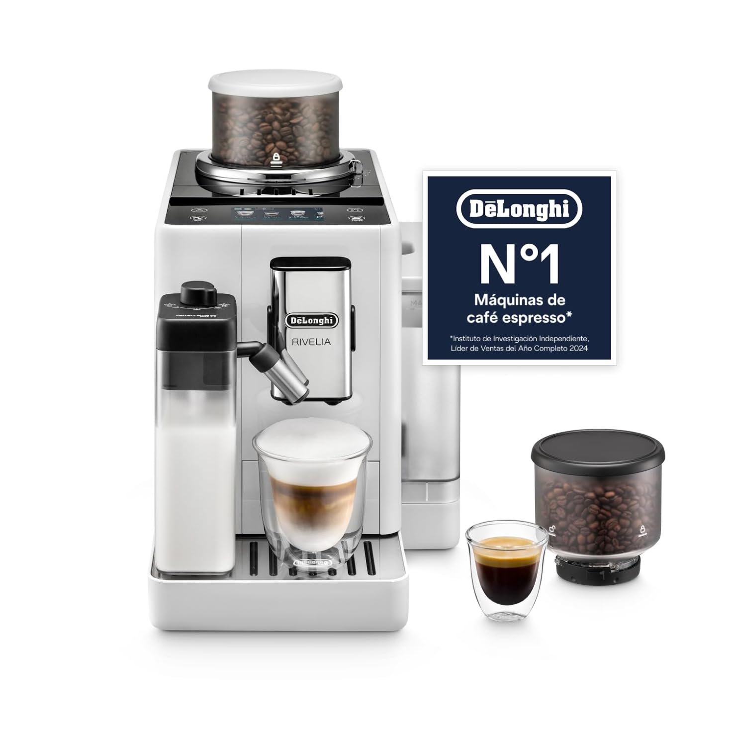De'Longhi Rivelia Superautomatic Coffee Maker, LatteCrema Automatic Milk Jug, 16 One-Touch Drinks, Touch Screen, Interchangeable Coffee Bean Tanks, White (EXAM440.55.W)