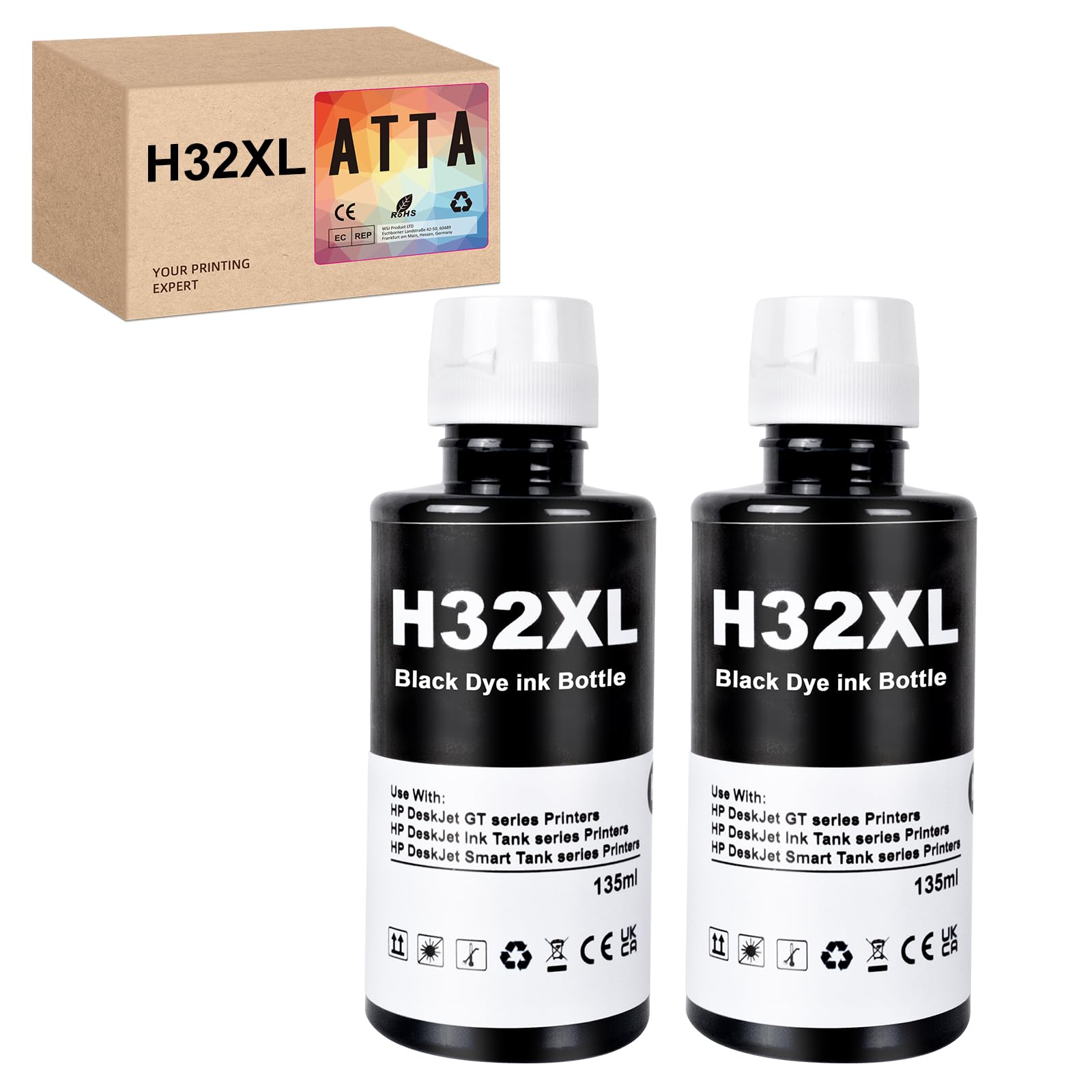 ATTA 32XL Black Ink Bottle Set Replacement for HP 32XL Ink Work for Smart Tank 7301 7001 7602 5000 6001 5101 5102 Plus 651 551 455 457 450 All-in-One Ink-Tank (135ML 32XL Black x 2)