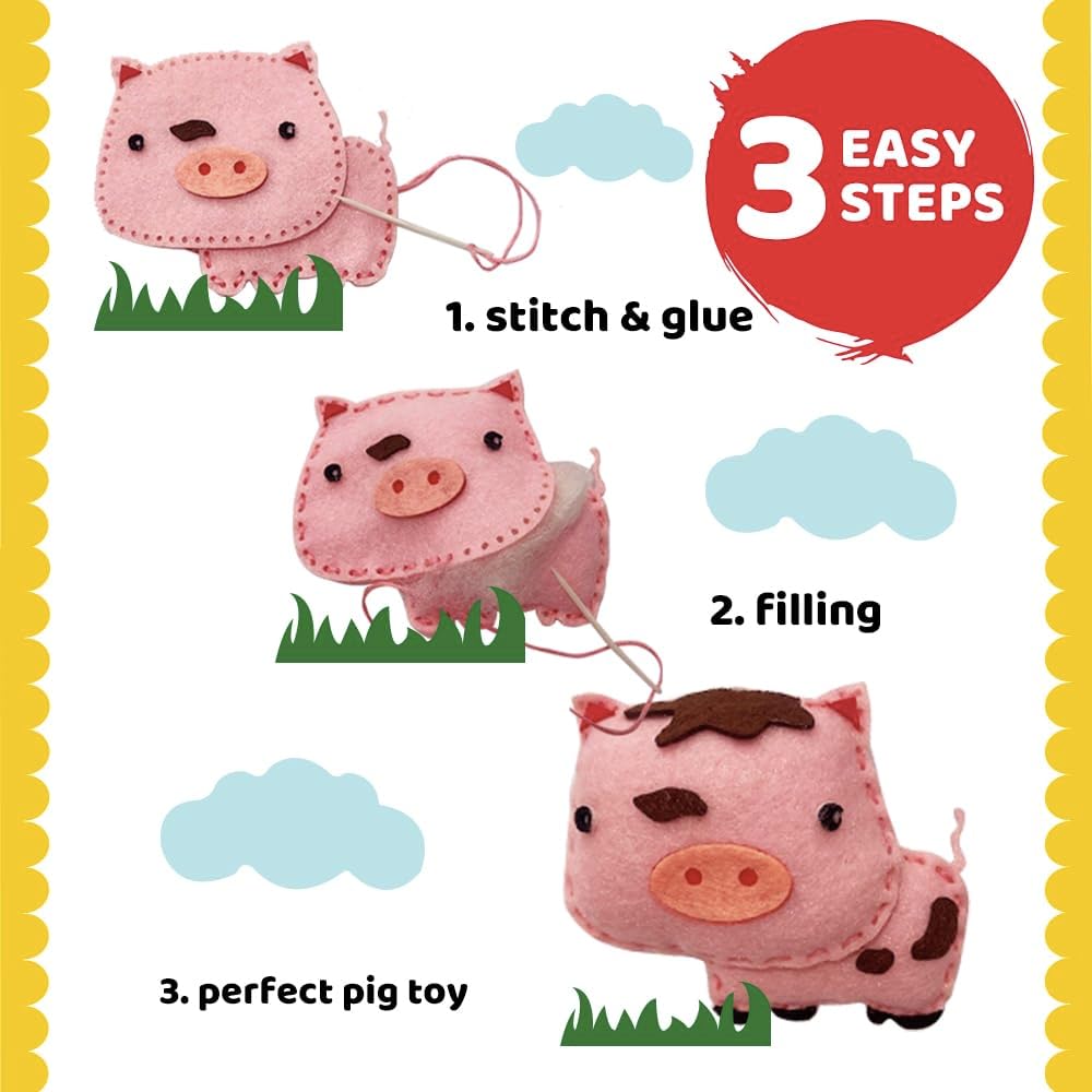 Felt DIY Sewing Kit for Kids Ages 6-12 - Create 12 Adorable Farm Animal Plush Toys (Pig, Sheep, Cow, Chicken) - Fun and Educational Craft Activity with Pre-Cut Felt Pieces and Easy Instructions