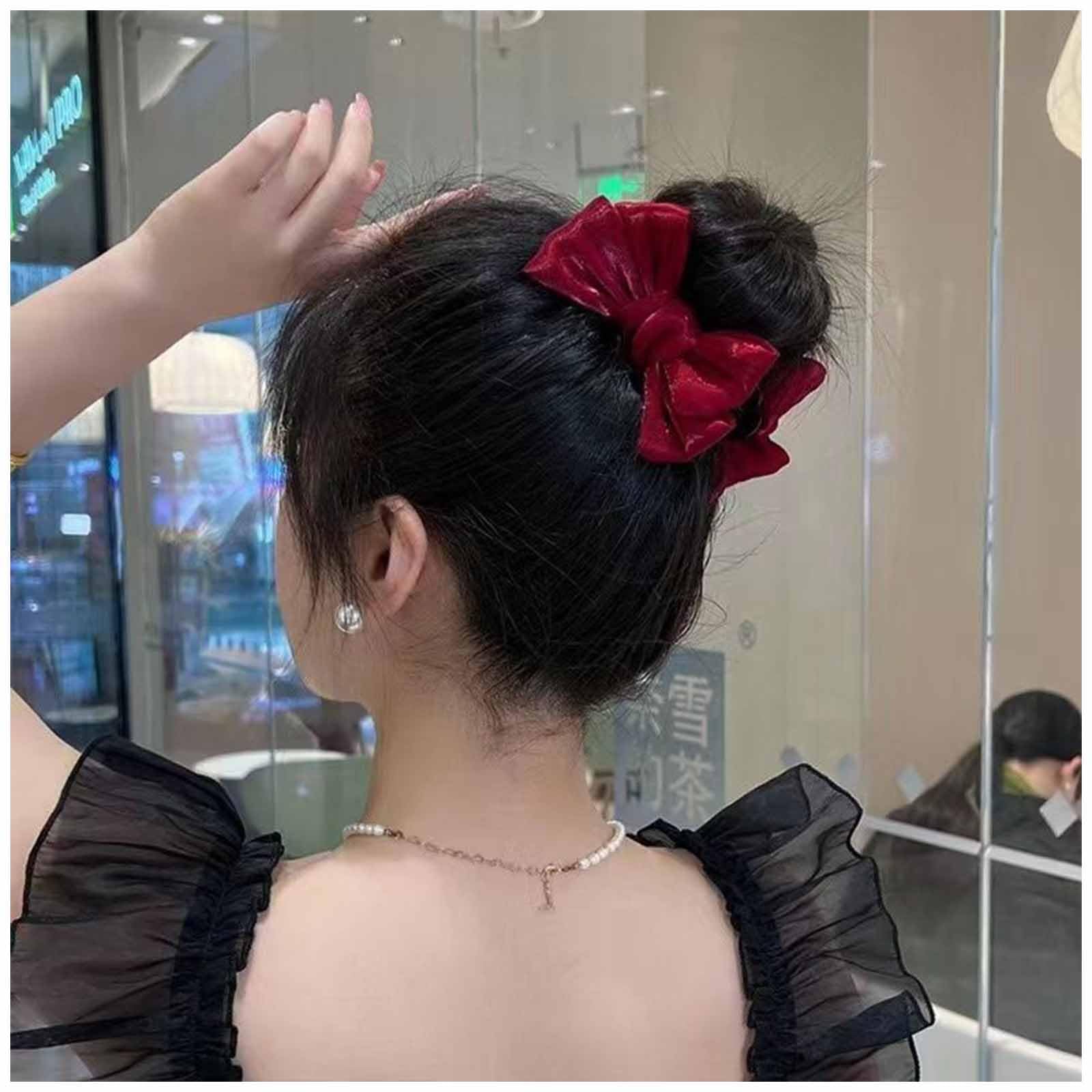 Aneneiceera Vintage Mesh Bow Hair Claw Clip Fabric Ponytail Jaw Clip Red Bowtie Claw Barrette Mesh Banana Clip Barrette Bowknot Buckle Clip Hair Accessories for Women (Red)