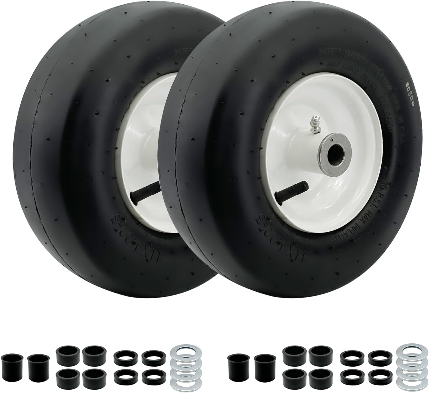 2-Pack 11x4.00-5 Tire and Wheel Assembly,Lawnmower Tire with Rim and Tube,4.3”-7.6” Centered Hub with 3/4”extra 5/8” Bushing,Smooth Tread for Lawn Mover Replacement.2PLY,400LBS Capacity.