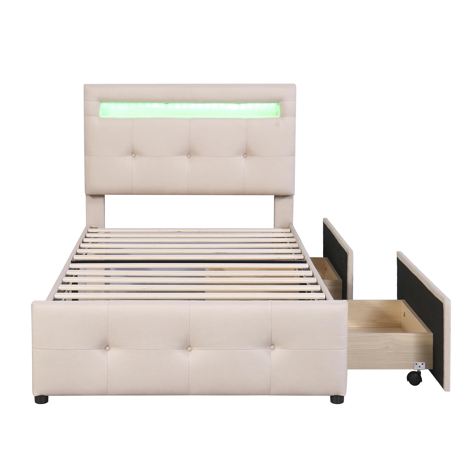 Idemon Cama tapizada de 90 x 200 cm con luces LED, 2 cajones, acolchado de lino agradable para la piel, cama individual, cama infantil, cama de invitados, color beige