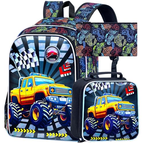 Image of 16 inch Truck Backpack for Boys, 3Pcs Bookbag with Lunch Box, Kids School Backpacks Set for Elementary Preschool Kindergarten (Balck)