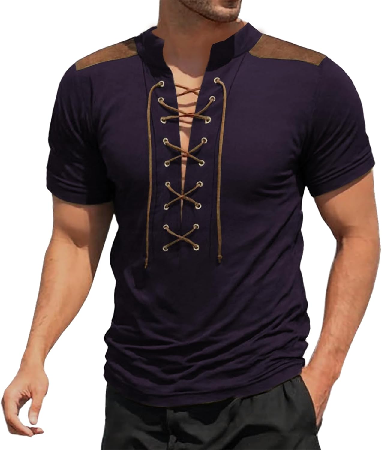 Mens T Shirts Vintage Drawstring Neckline Summer Tops Slimming Fit Lightweight Comfort Breathable Casual Tees