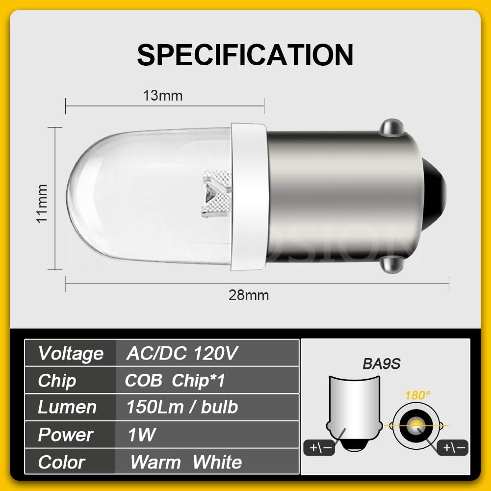 Ruiandsion 10pcs BA9S LED Bulb 120V AC/DC LED 9mm BA9s Base Replacement Bulb for Indicator Pilot Light,Warm White
