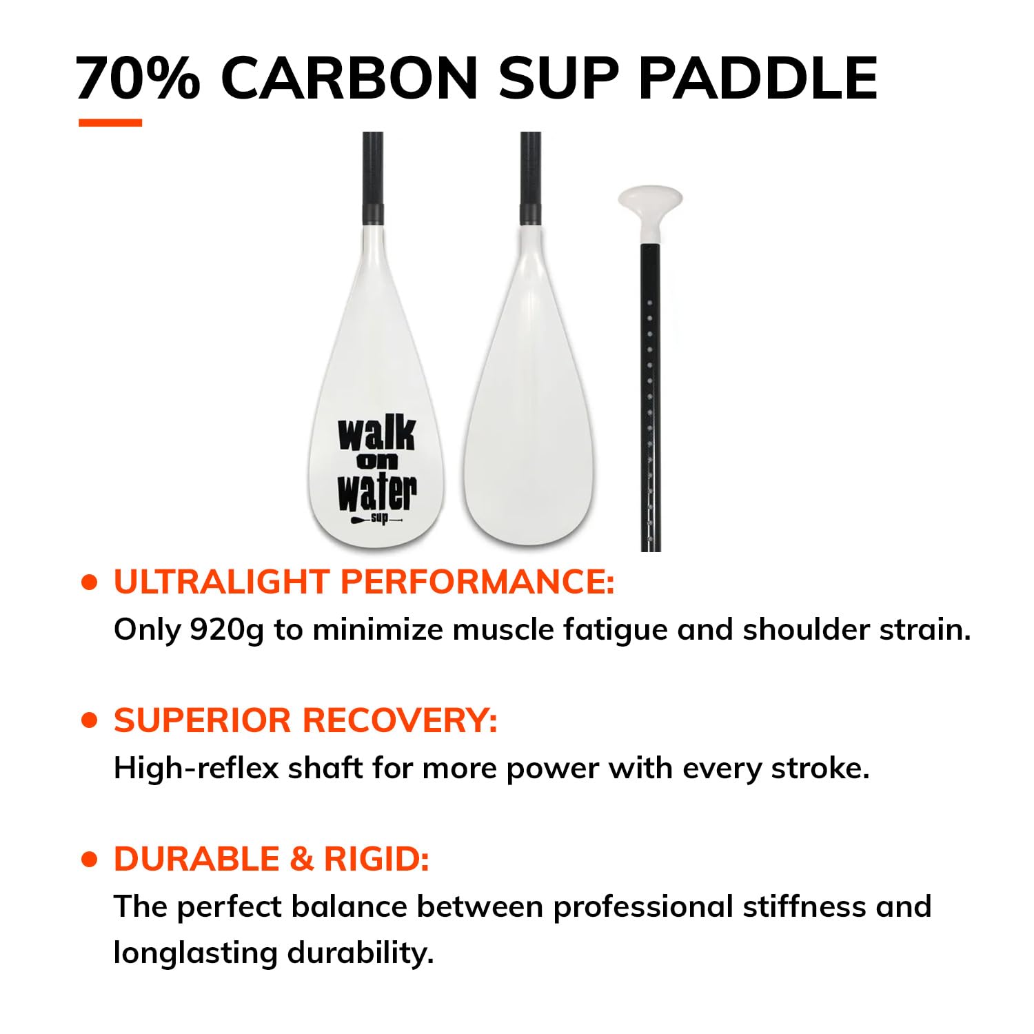 WOW Walk On Water - Pagaie Sup 70% Carbone Vario 3 Parties - Ultra Légère 920g - Réglable 170-210cm - Idéale pour Mer, Rivière et Lac - Stand Up Paddle Démontable Tout Niveau