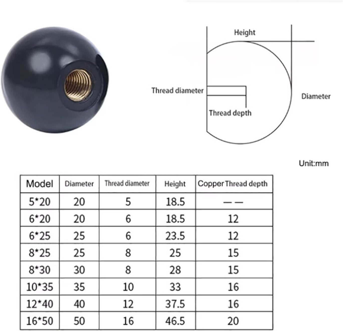 Round knob 2-10 Pieces red/Black Round Ball Handle M4M5M6M8M10M12 knob Lever Machine Tool(Copper Core,M12x40mm Red-4pcs)