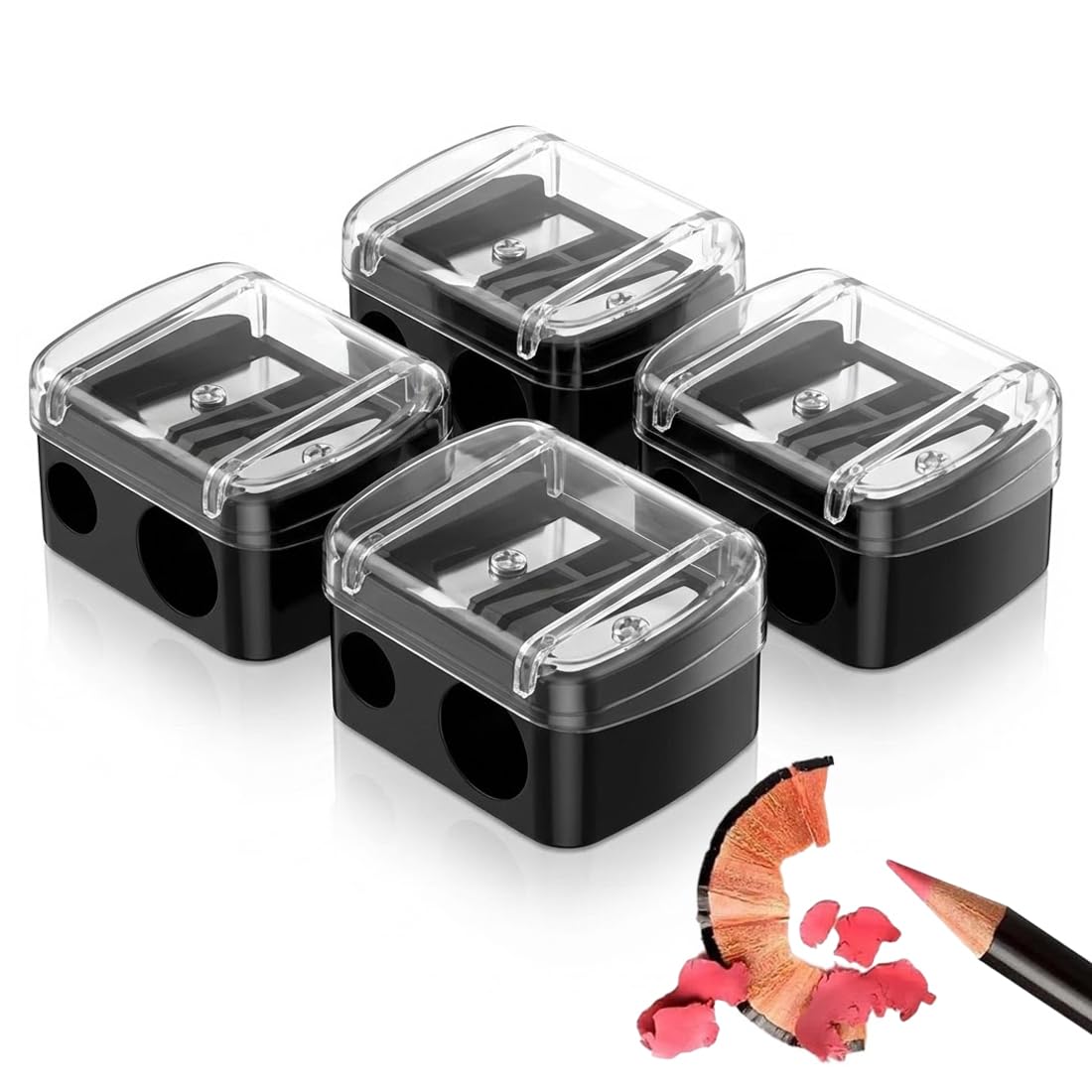 4 Pack Taille-Crayon Maquillage, Duo-Spitzer pour Crayons Cosmétiques, Taille-Crayon Universel pour Sourcils, Kajal, Eyeliner & Crayon à Lèvres avec Couvercle Transparent, Noir