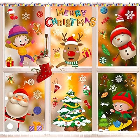 Christmas Window Stickers, Xmas Double Sided Window Clings Reusable, Large Snowflakes Christmas Scene Tree Reindeer Snowman Decorations for Home Shop Glass, Winter Party Decals, 9 Sheet Cover