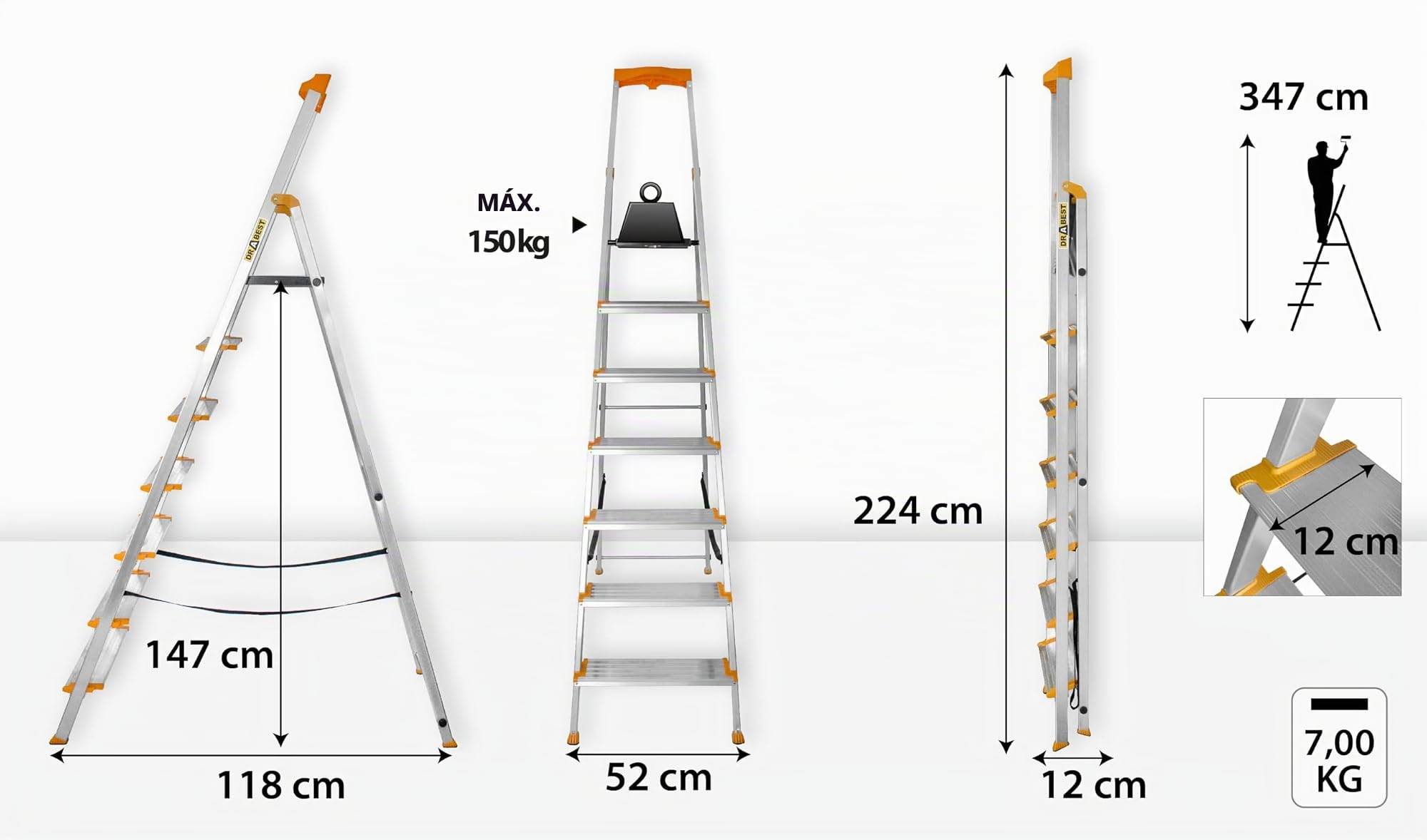 DRABEST Escalera de Tijera Plegable de 7 peldaños - Escalera de Aluminio - Robusta Escalera Plegable con Estante y peldaños Anchos - 120 mm - Escalera para el hogar y el Trabajo - hasta 150kg