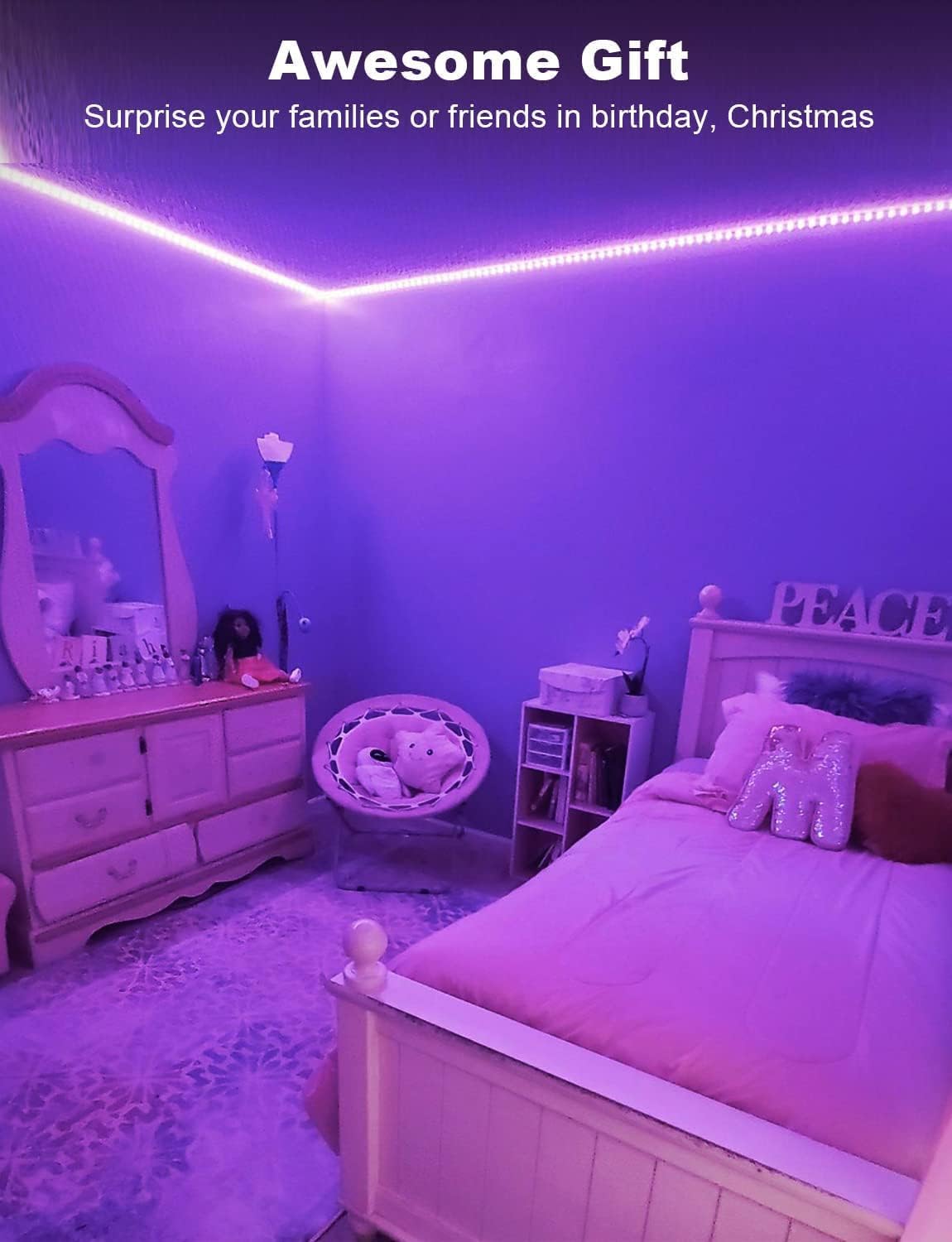 DAYBETTER LED Lights for Bedroom 132ft (2 Rolls of 65.6ft), Music Sync Color Changing Strip Lights with Remote, 24V Power Supply, Classroom Lighting, Room Decor for Teen Girls Boys Birthday Gifts: 300FT