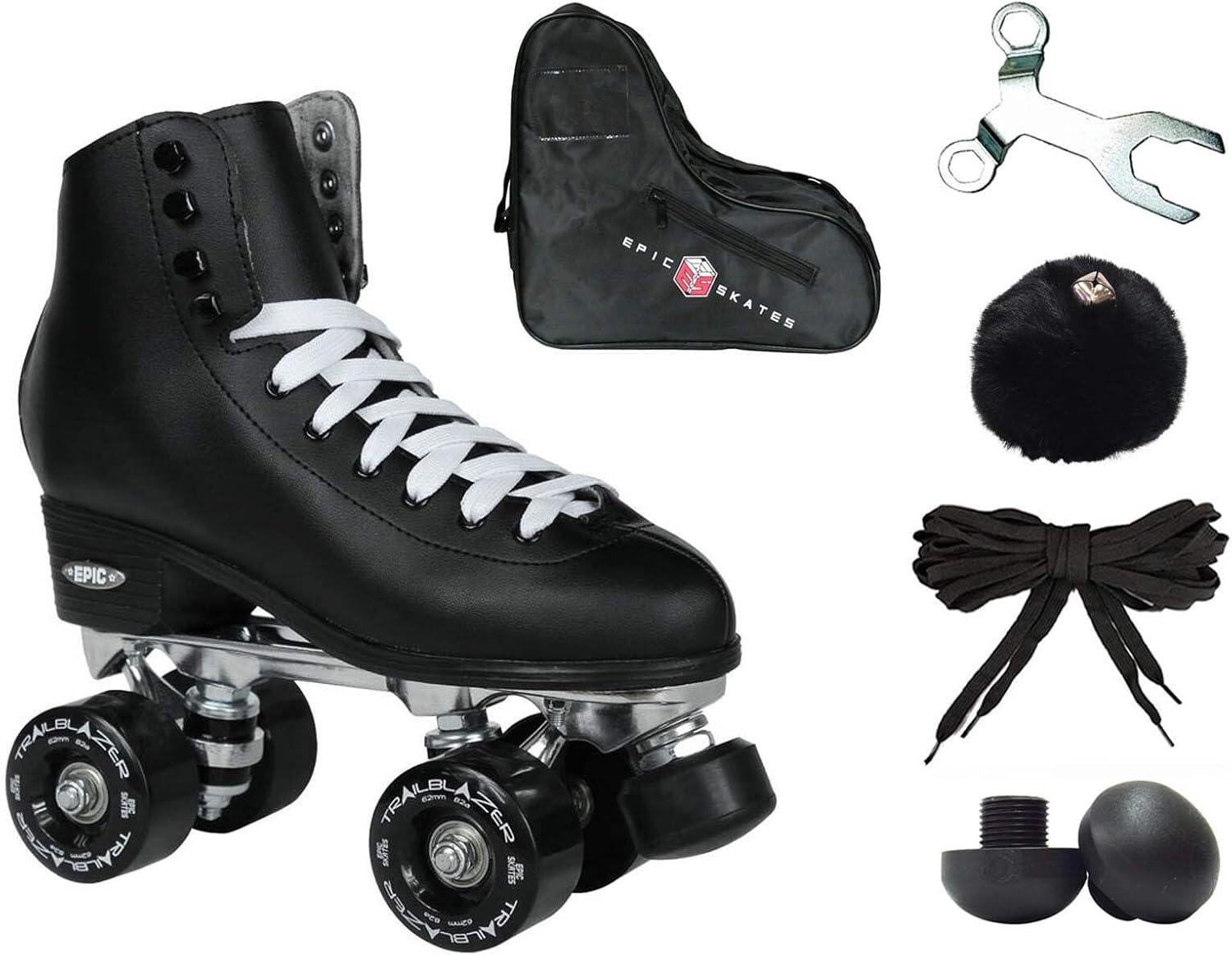 New! Epic Classic Solid Black High-Top Quad Roller Skate Bundle w/Bag, Laces, & Pom Poms! (Mens 9)