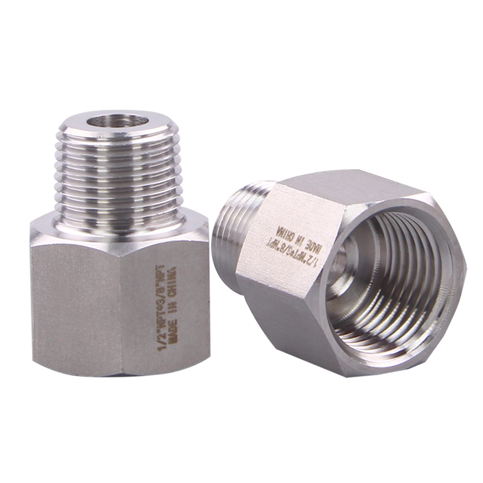 Forged Reducer Adapter Fitting - Stainless Steel 304 Reducing Pipe Connector, 1/2" NPT Female x 3/8" NPT Male (pack of 2)