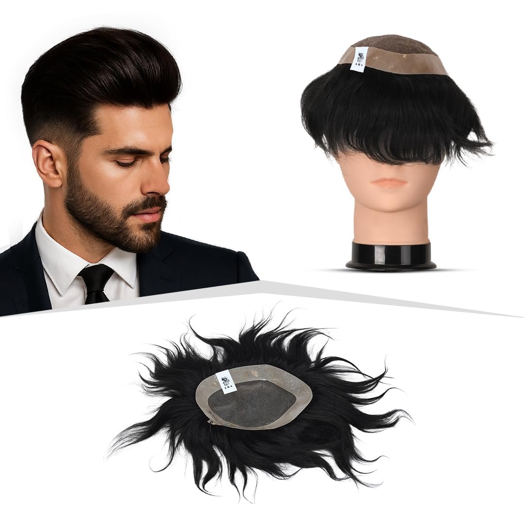 AHS Monofilament Smart Hair Patch for Men, Soft Hair Wig | 100% Natural & Real Human Hair | Easy Fit with Tape, Glue & Clips (Size 10x8) Black-image-48
