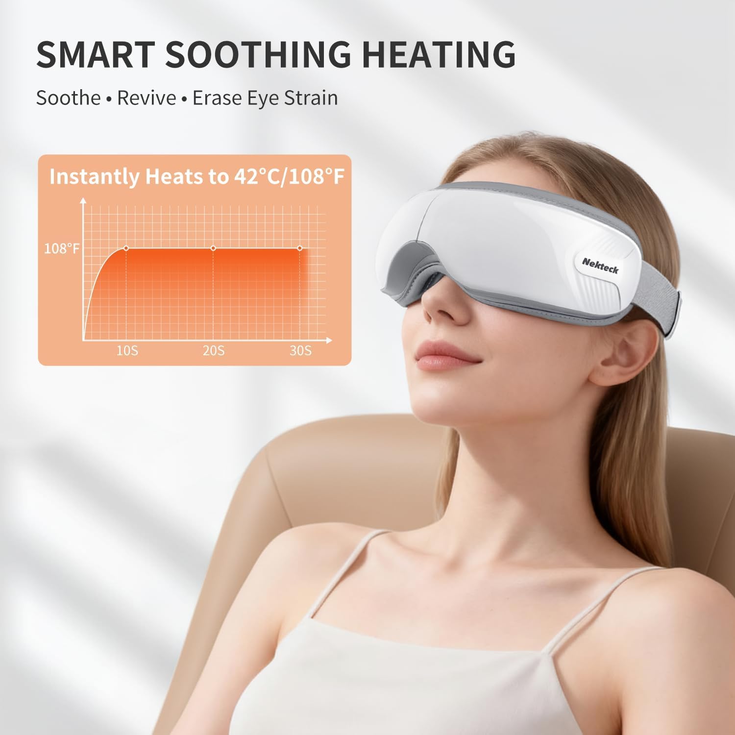 Nekteck Massaggiatore per occhi con calore, maschera per occhi per alleviare l'emicrania, massaggio occhi riscaldato per occhi secchi, relax del sonno, regalo di compleanno per donne e uomini (bianco)